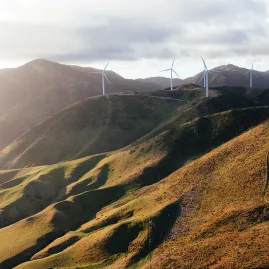 Makara wind turbines lining the ridge above scenic hills near Wellington