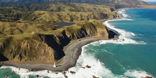 Aerial view of South Coast New Zealand with lighthouses and rugged shoreline