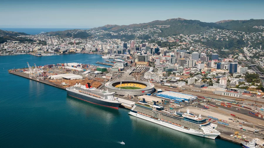 Aerial view of Wellington Harbour with cruise ships and Sky Stadium in the foreground