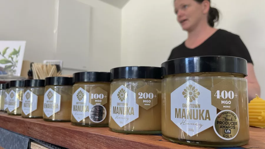 Jars of award-winning Greytown Manuka honey lined up for tasting during a Martinborough food tour