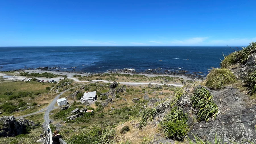 Elevated view over Cape Palliser’s rocky coastline from steps to lighthouse