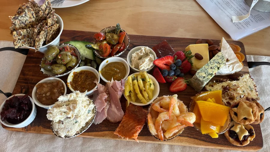 Close-up of a gourmet charcuterie and cheese board at Le Gra Vineyard in Opaki, Wairarapa