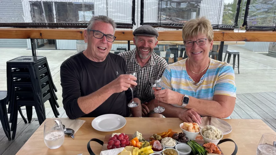 Guests enjoying a wine tasting and gourmet platter with the winemaker at Le Gra Vineyard in Opaki, Wairarapa