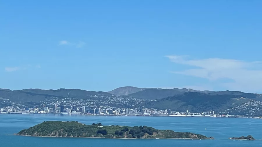 Aerial view of Matiu Somes Island with Wellington city skyline in the background