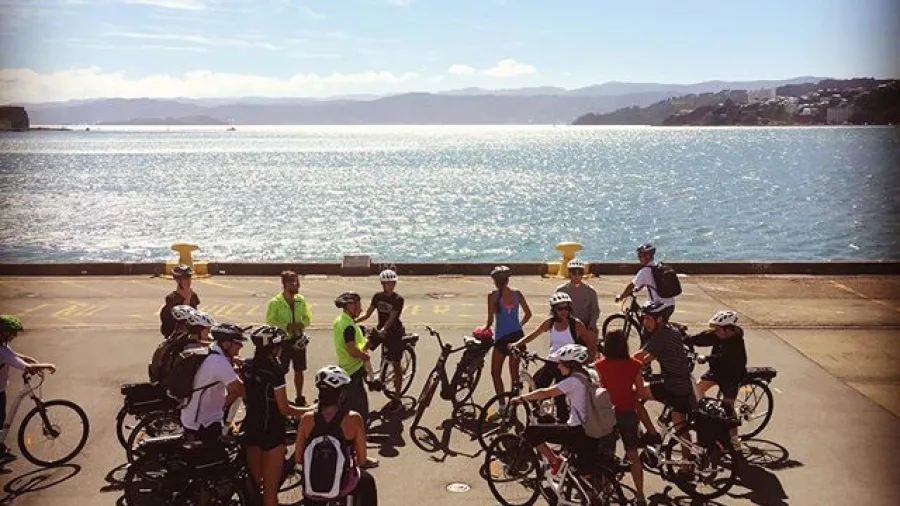Cycling group receives briefing at Queens Wharf in Wellington before their guided ride