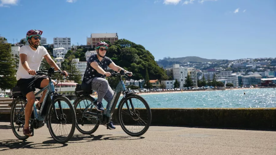 Couple riding e-bikes along the Wellington waterfront on a sunny day