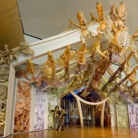 Intricate Māori wharenui carvings on display at Te Papa Tongarewa in Wellington