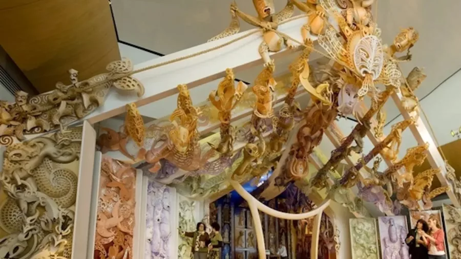 Intricate Māori wharenui carvings on display at Te Papa Tongarewa in Wellington