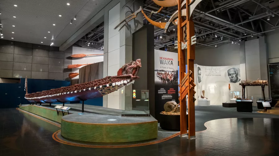 Traditional Māori waka ‘Teremoe’ displayed at He Kaupapa Waka exhibit in Te Papa Museum