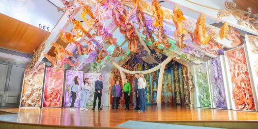 Visitors exploring Rongomaraeroa, Te Papa's contemporary marae during the Introducing Te Papa Tour