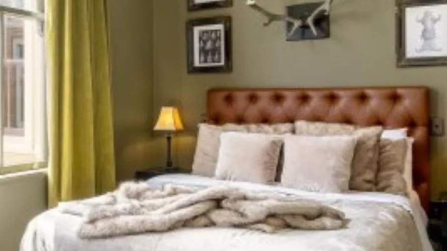 Elegant hotel room at The Royal Hotel Martinborough with chandelier and antler wall decor