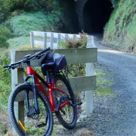 Mountain bike parked near a tunnel entrance along a gravel trail in Kaitoke