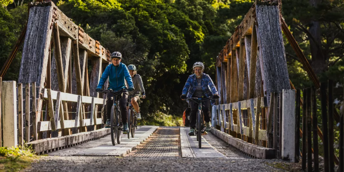 Cyclists crossing a historic railway bridge on the Remutaka Rail Trail, surrounded by native New Zealand bush