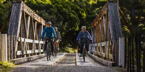 Cyclists crossing a historic railway bridge on the Remutaka Rail Trail, surrounded by native New Zealand bush