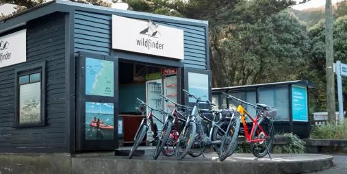 Modern mountain bikes outside the Wildfinder bike hire hub at Days Bay near Wellington, New Zealand