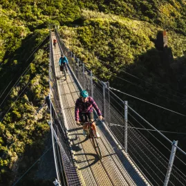 Cyclists riding across the Siberia Gully Swingbridge on the Remutaka Cycle Trail