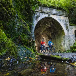 Two cyclists ride past a mossy rail tunnel entrance on the Remutaka Cycle Trail