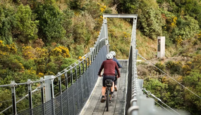 Cyclists crossing a swing bridge on the Remutaka Rail Trail with Wildfinder