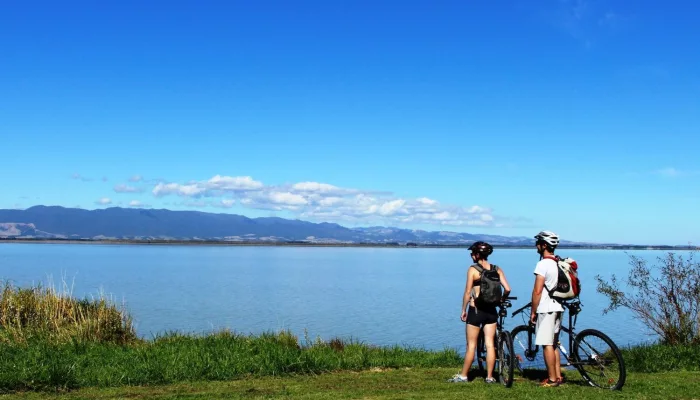 Cyclists enjoying the view over Lake Wairarapa on the Remutaka Cycle Trail