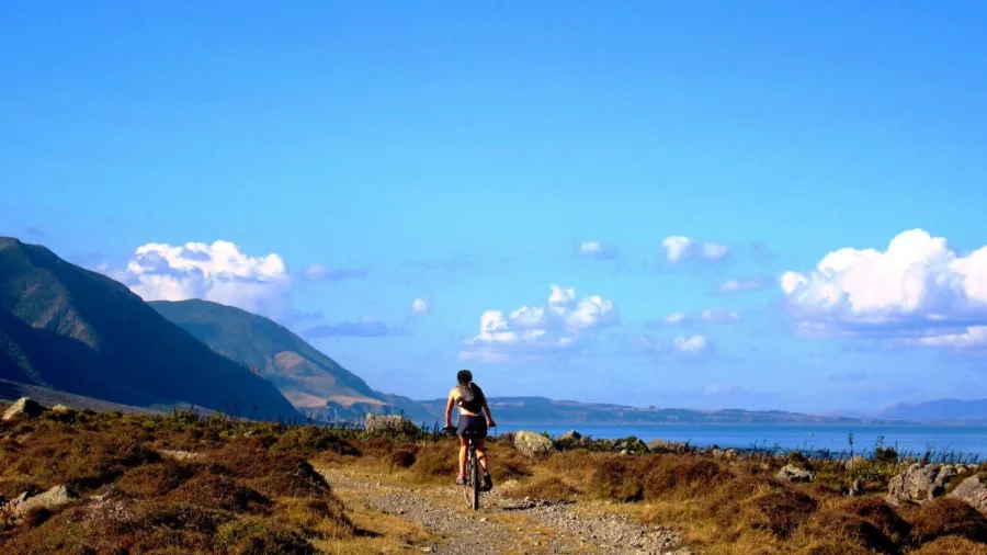 Cyclist riding along the Wild Coast section of the Remutaka Cycle Trail with ocean and mountain views