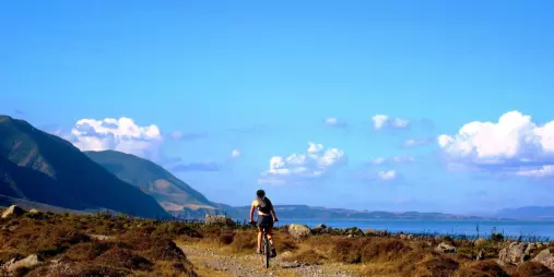 Cyclist riding along the Wild Coast section of the Remutaka Cycle Trail with ocean and mountain views