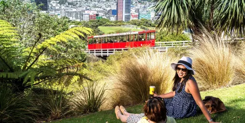 Two women relaxing on the grass with a view of the Wellington Cable Car passing by the Botanic Garden