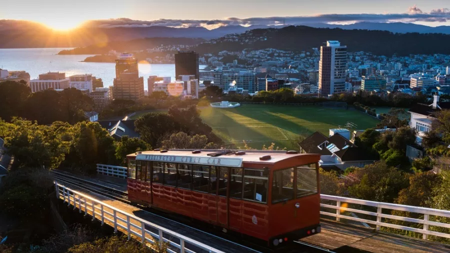 Wellington Cable Car at sunrise overlooking the city and harbour