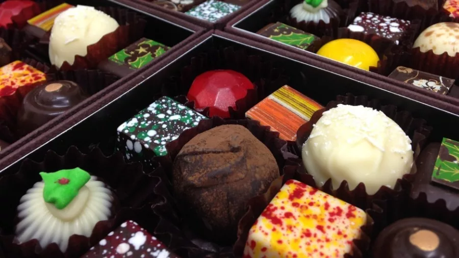 Close-up of assorted artisan chocolates from The Chocolate Story in Petone