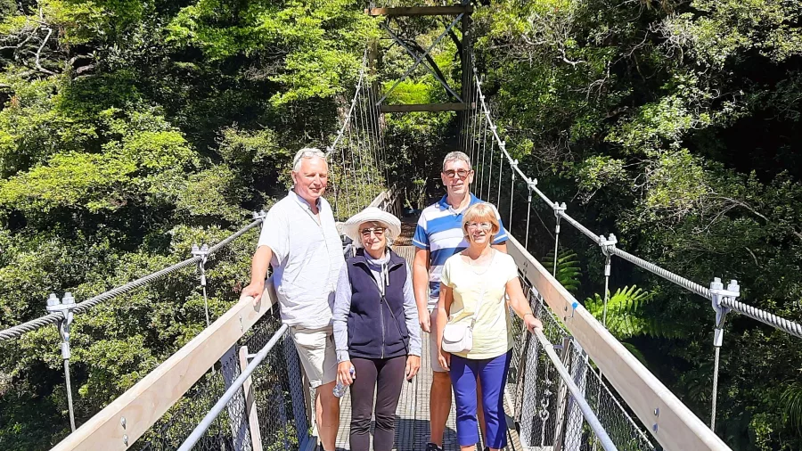 Group of travellers standing on a swing bridge surrounded by lush forest in Wairarapa