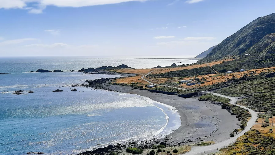 Aerial view of Palliser Bay’s winding coastal road and rocky shoreline
