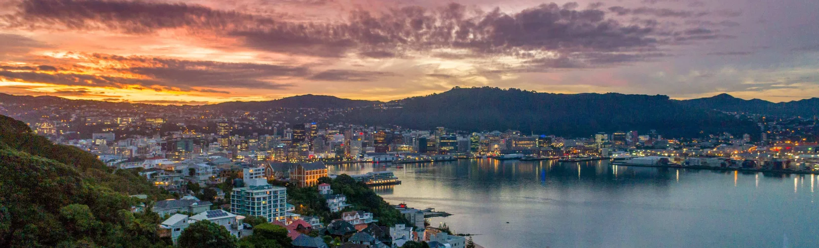 Sunset view from Mt. Victoria overlooking Wellington city and harbour