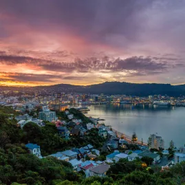 Sunset view from Mt. Victoria overlooking Wellington city and harbour