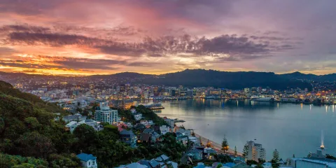 Sunset view from Mt. Victoria overlooking Wellington city and harbour