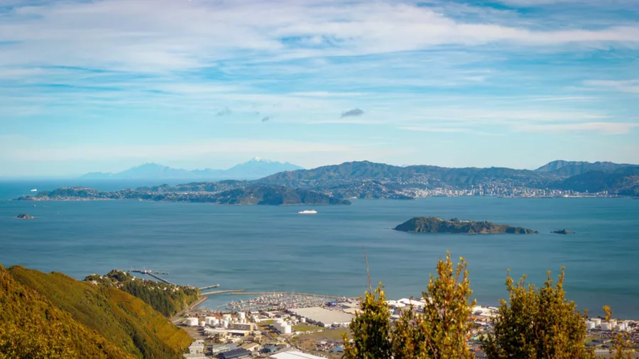 Interislander ferry crossing Wellington Harbour with city and mountain backdrop