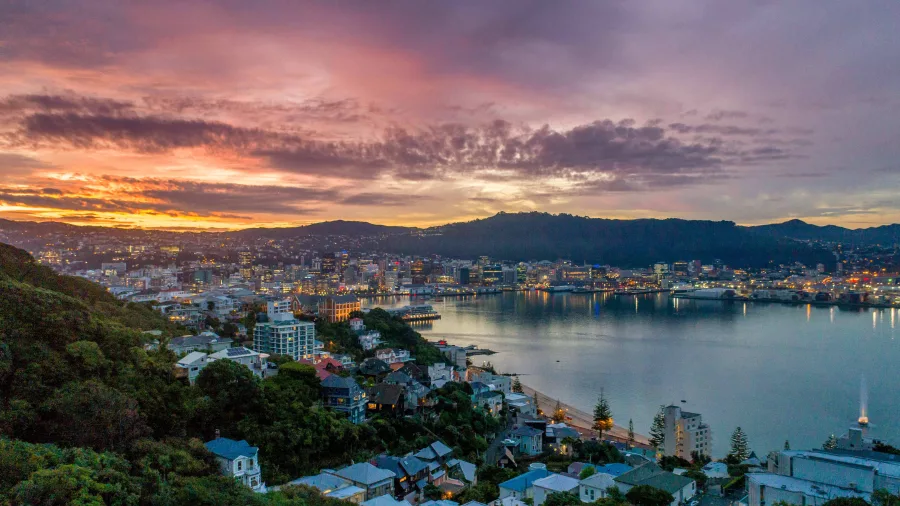 Sunset view from Mt. Victoria overlooking Wellington city and harbour