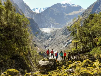 Group of hikers taking in stunning glacier valley views framed by alpine peaks.