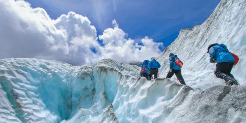 Group climbing the ice walls of Franz Josef Glacier with crampons and guides