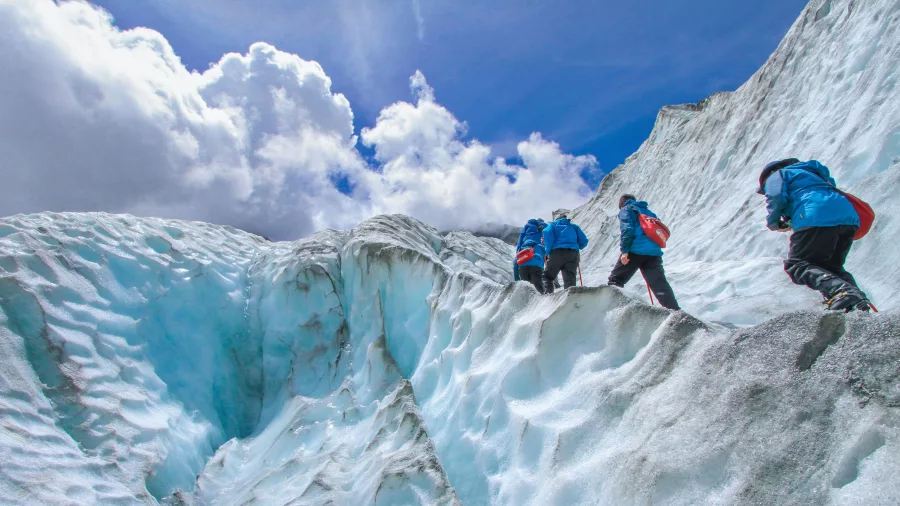 Group climbing the ice walls of Franz Josef Glacier with crampons and guides