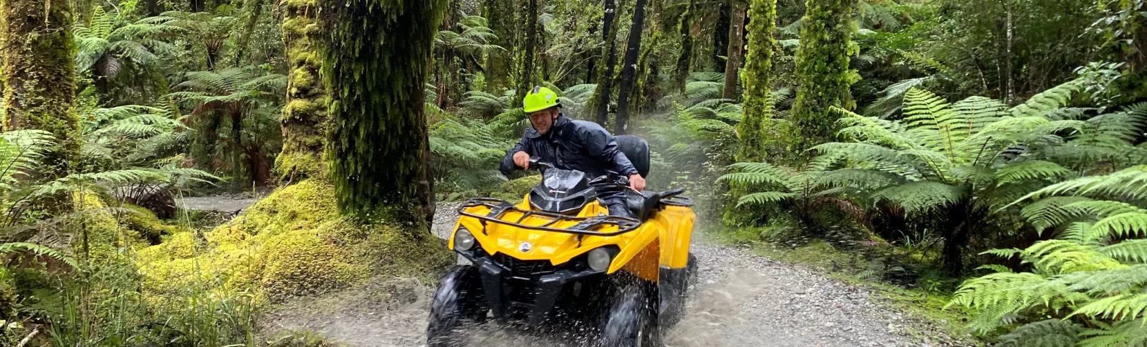 Quad bike rider navigating a rainforest trail surrounded by ferns in Franz Josef, New Zealand