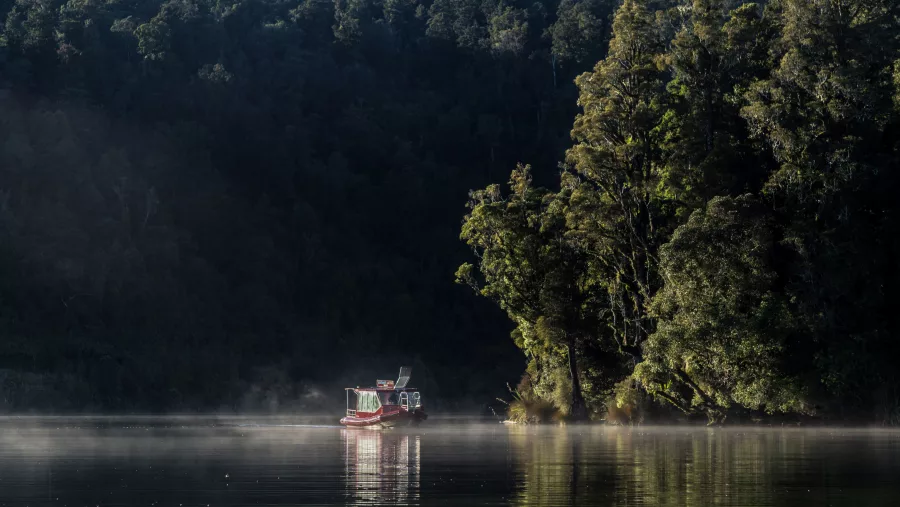 Scenic Cruise boat on misty Lake Mapourika surrounded by native rainforest in Franz Josef, West Coast New Zealand