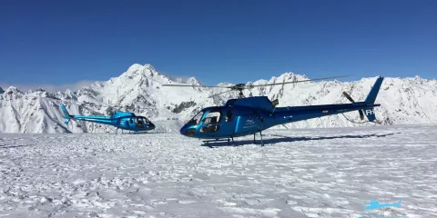 Glacier Country Helicopters’ Squirrel helicopters on a snow landing above Franz Josef Glacier in the Southern Alps