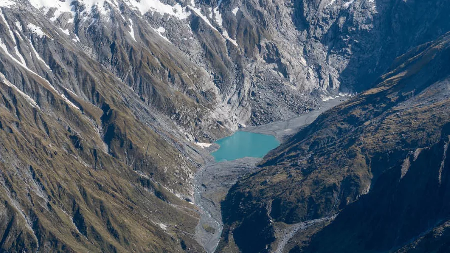 Aerial view of glacial valley and meltwater lake near Shackleton Glacier