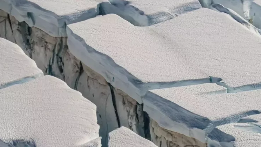 Close-up view of glacier crevasses near Franz Josef from a helicopter tour departing Greymouth