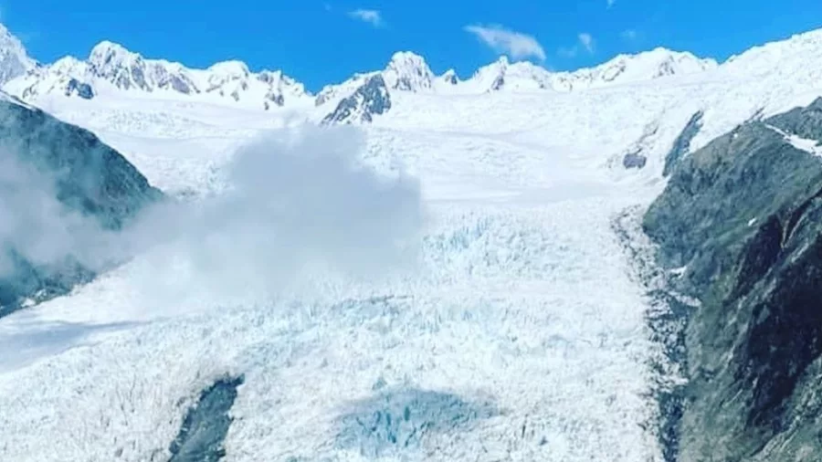 Aerial view of Franz Josef Glacier from helicopter flight near Hokitika