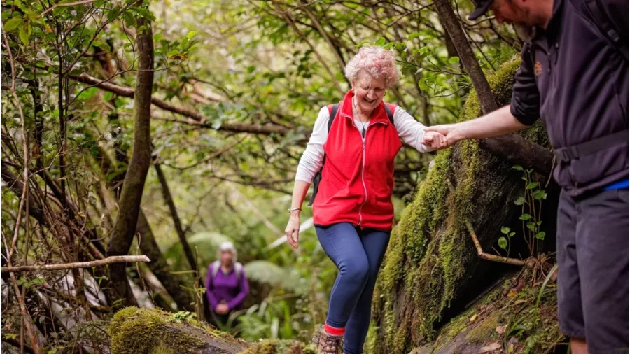 Senior woman receiving assistance on a forest trail during a guided hike near Franz Josef, New Zealand