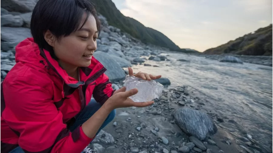 Woman holding a clear chunk of glacier ice beside a rocky river in Franz Josef, New Zealand