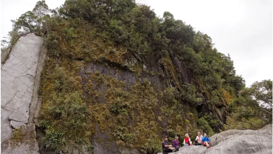 Group sitting on large rocks beneath a steep forested cliff in Franz Josef