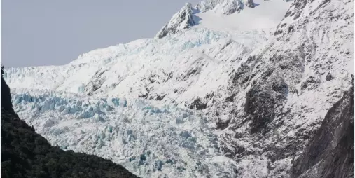 Close-up view of Franz Josef Glacier in the Southern Alps of New Zealand
