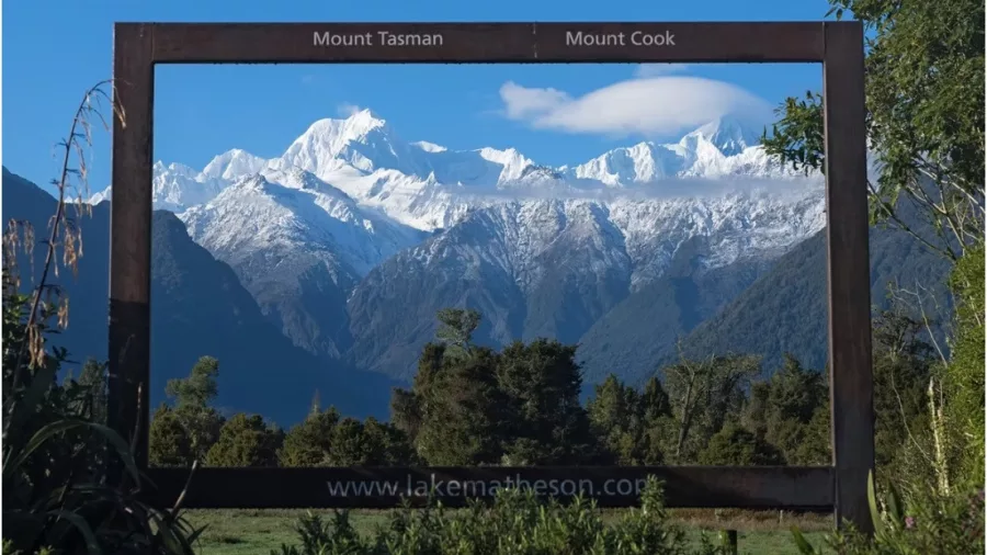 Framed view of Mount Tasman and Aoraki Mount Cook from Lake Matheson