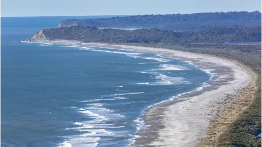 Aerial view of Okarito coastline on the West Coast of New Zealand